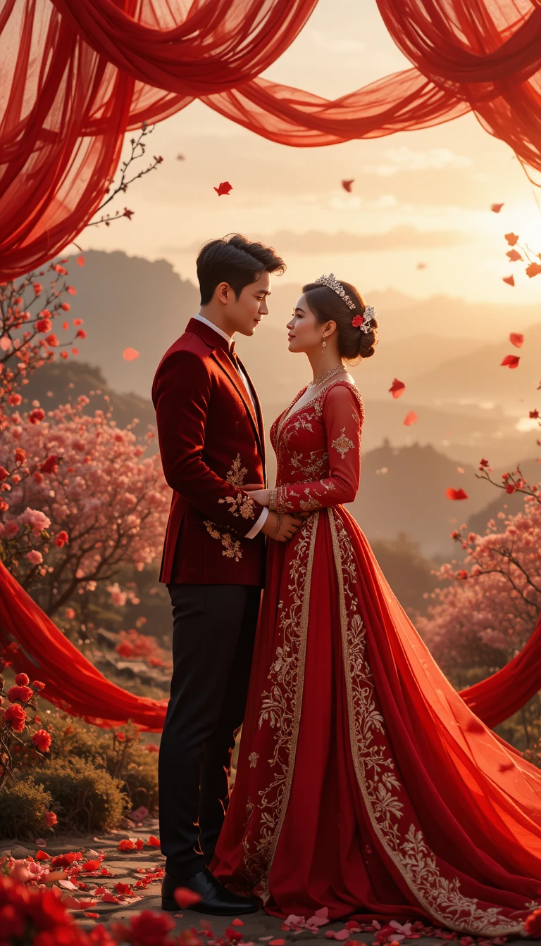 Romantisches Hochzeitspaar in roter Kleidung im goldenen Sonnenuntergang