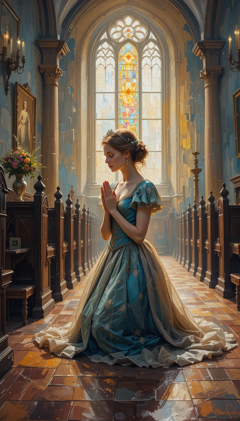 Giovane principessa in ginocchio in preghiera in una cappella silenziosa
