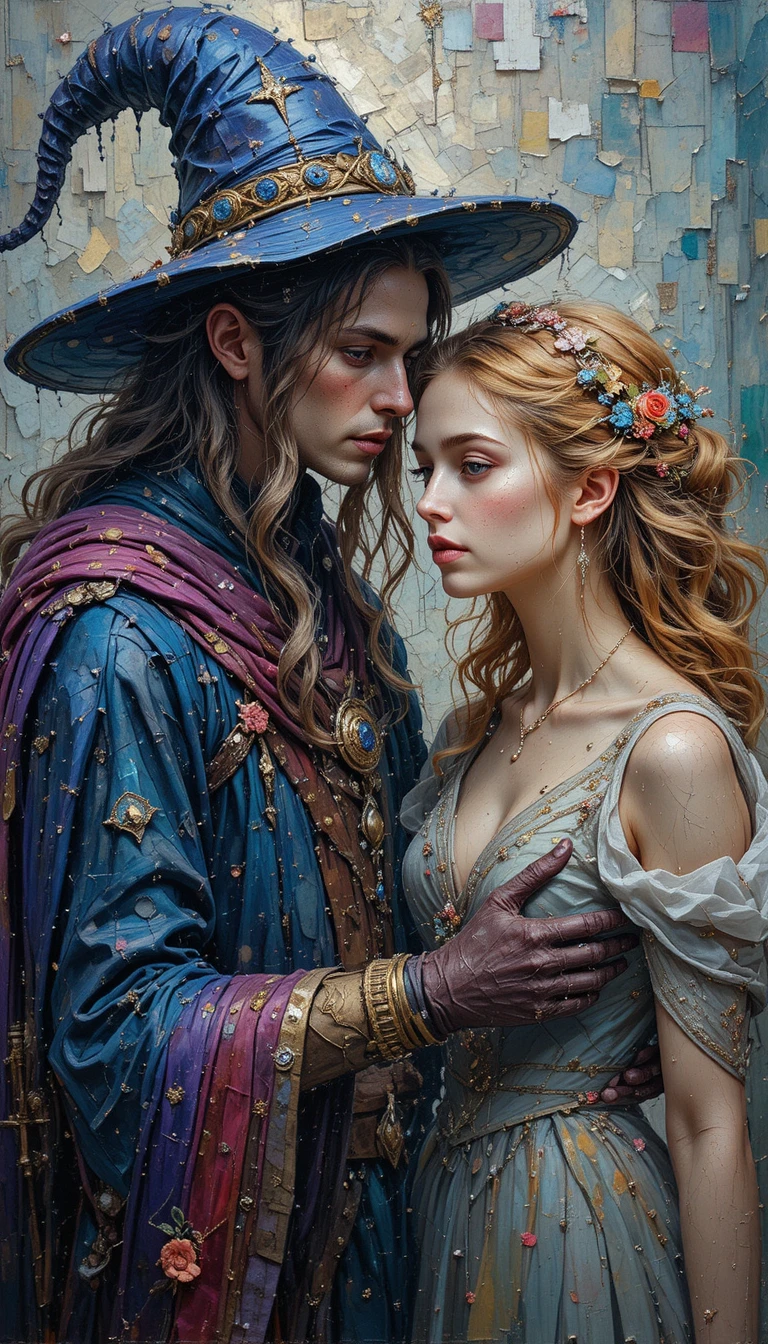 Feiticeiro e princesa de fantasia em pintura impasto rica