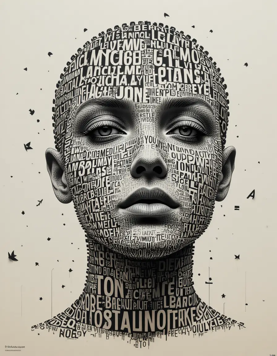 Calm human face built entirely from expressive typography