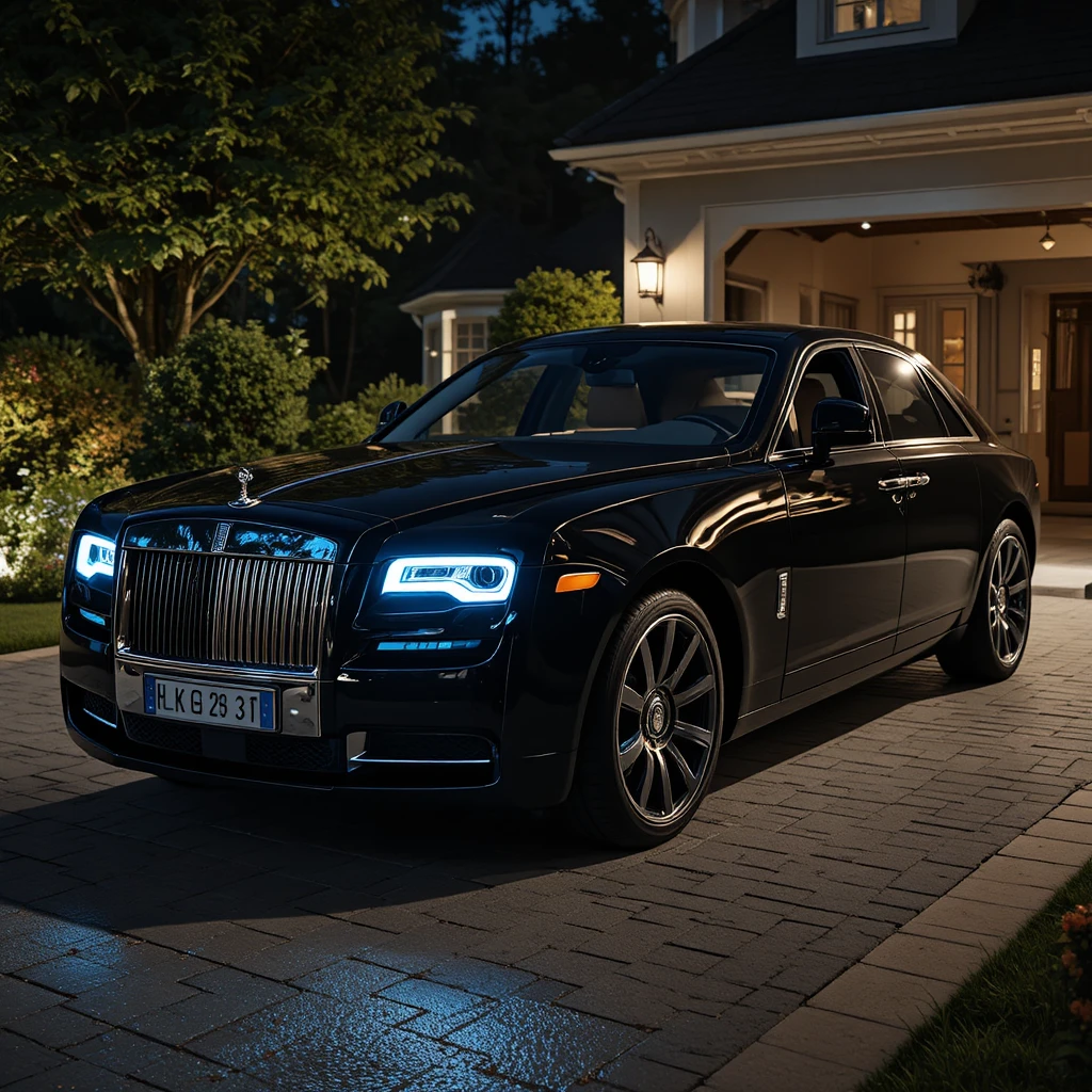 Carro de luxo preto estacionado na entrada à noite