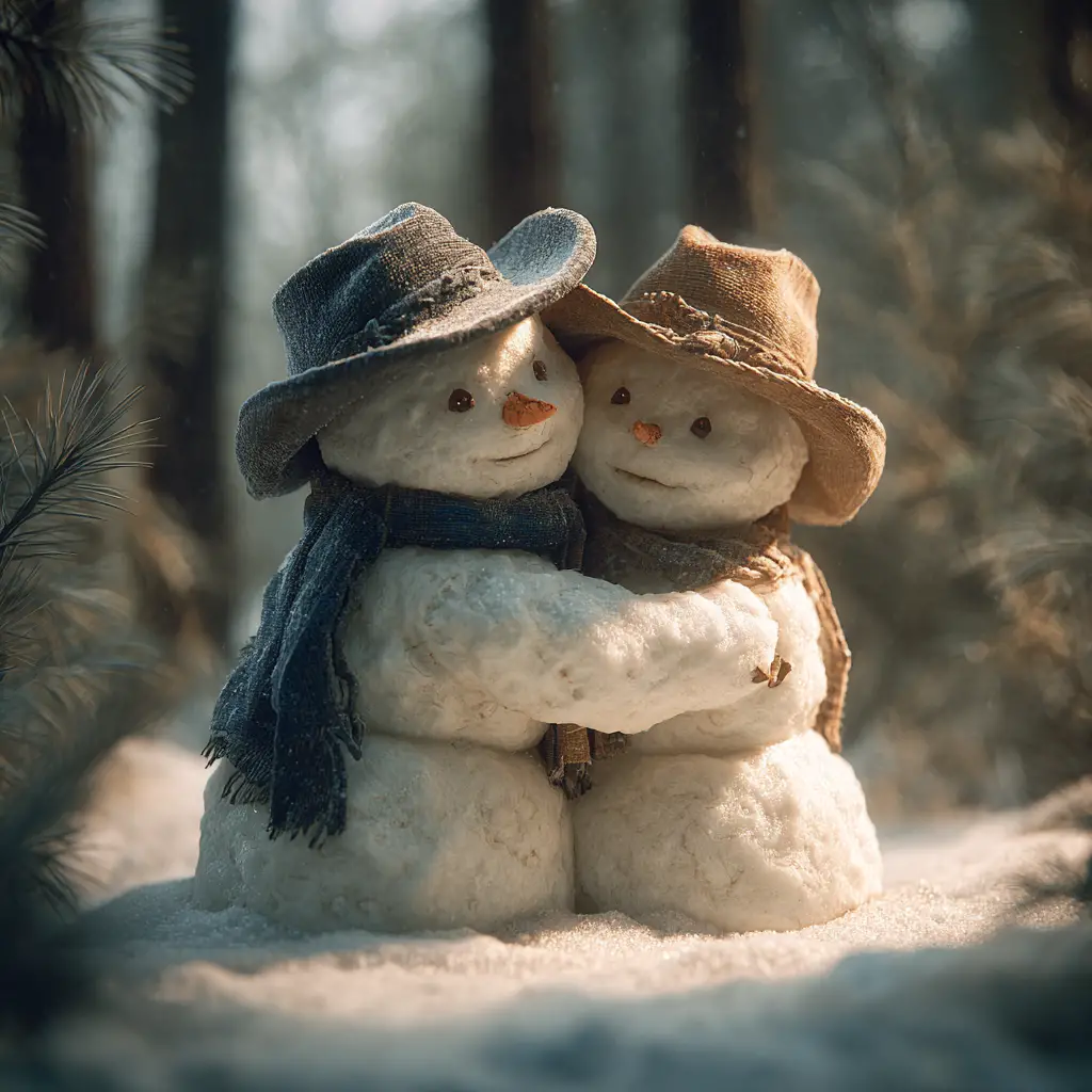 靜謐冬日森林中親密相擁的雪人