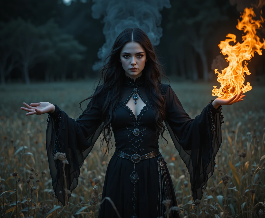 Dark witch casting hellish fire ritual in a field