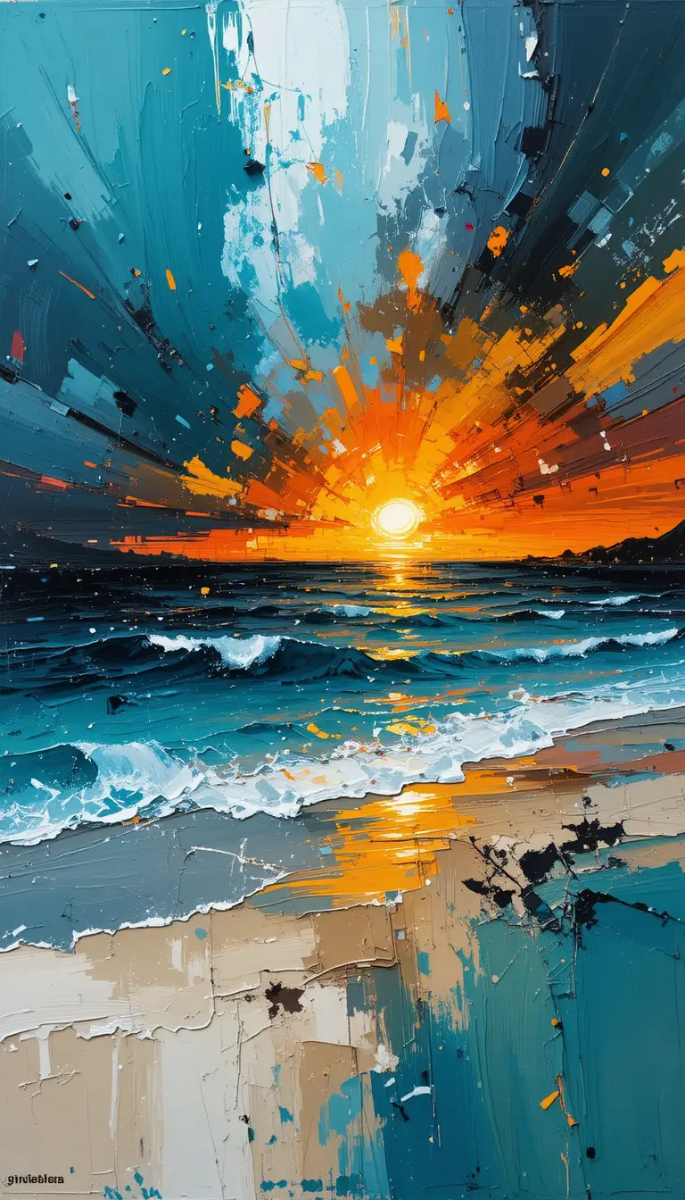 Abstrakter Pinselstrich-Strandsonnenuntergang in Türkis- und Orangetönen