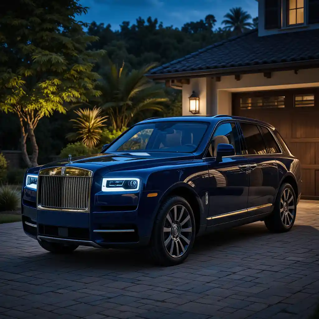 Dark blue luxury SUV parked on a quiet night driveway