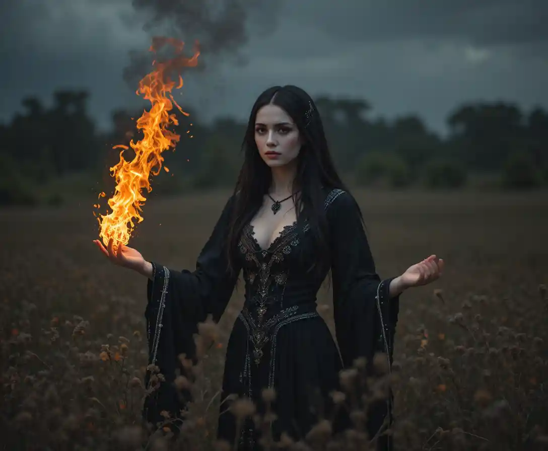 Dunkle Hexe wirkt Feuerritual auf einsamem Feld