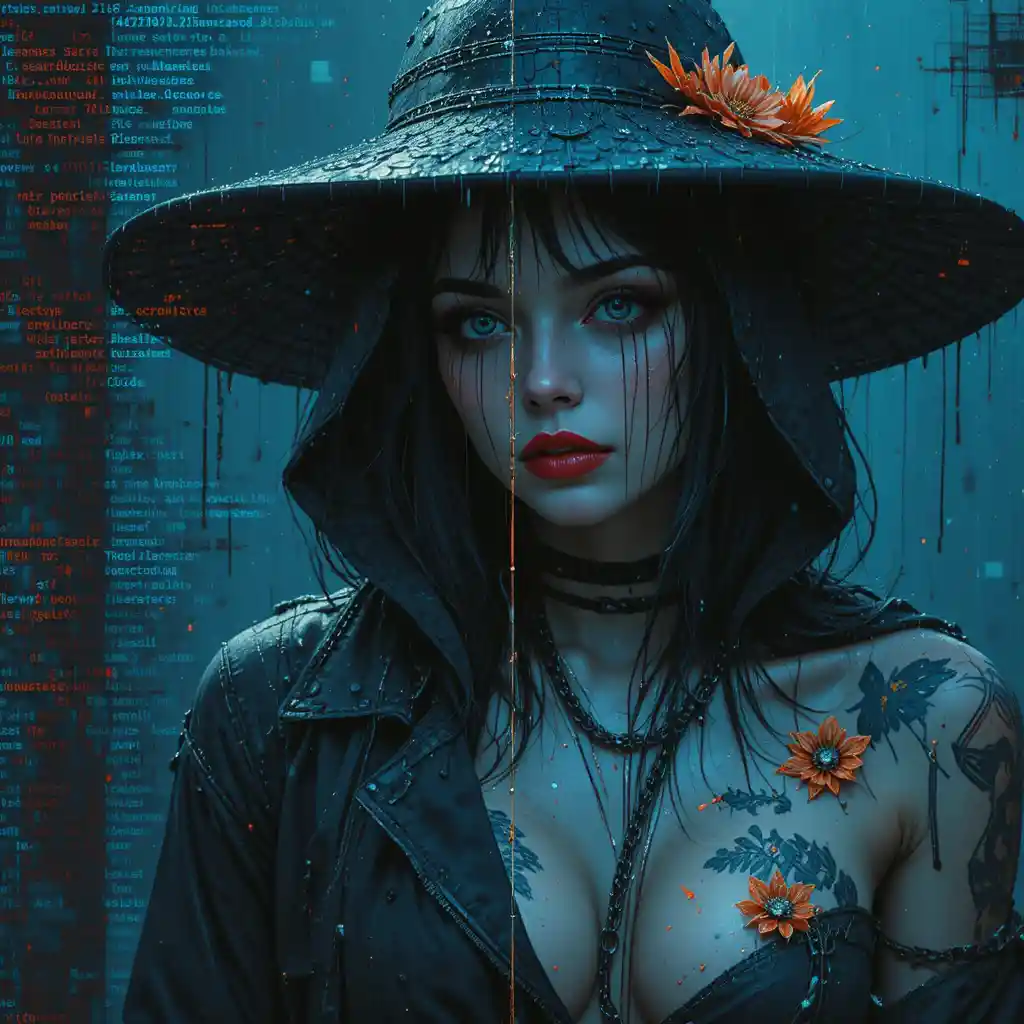 Haunting split screen of glitch code and hooded cyberpunk woman