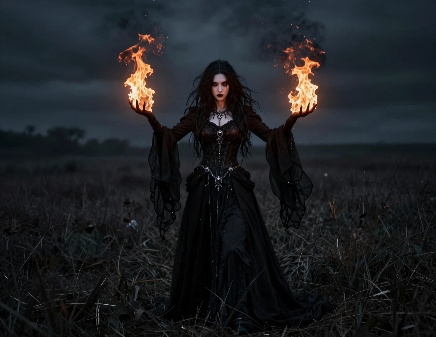 Dark witch casting ritual fire in an open field