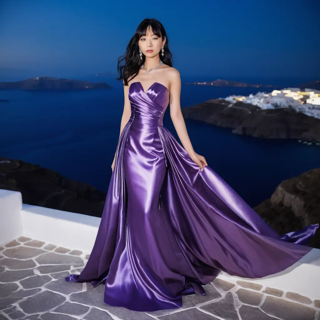 Elegante mulher japonesa em vestido de cetim roxo à noite