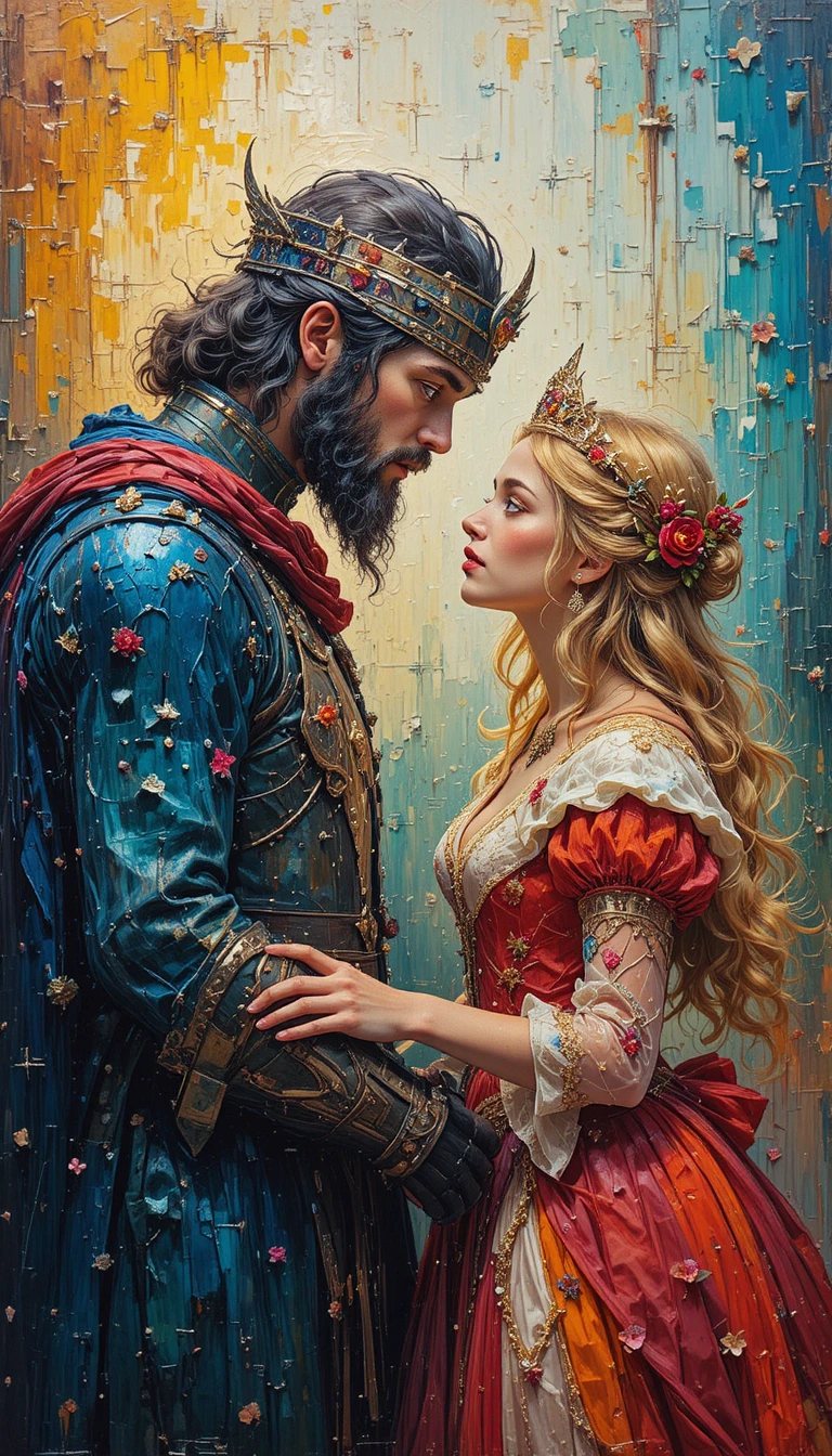 Dipinto a impasto di Re Artù con la Principessa in colori intensi