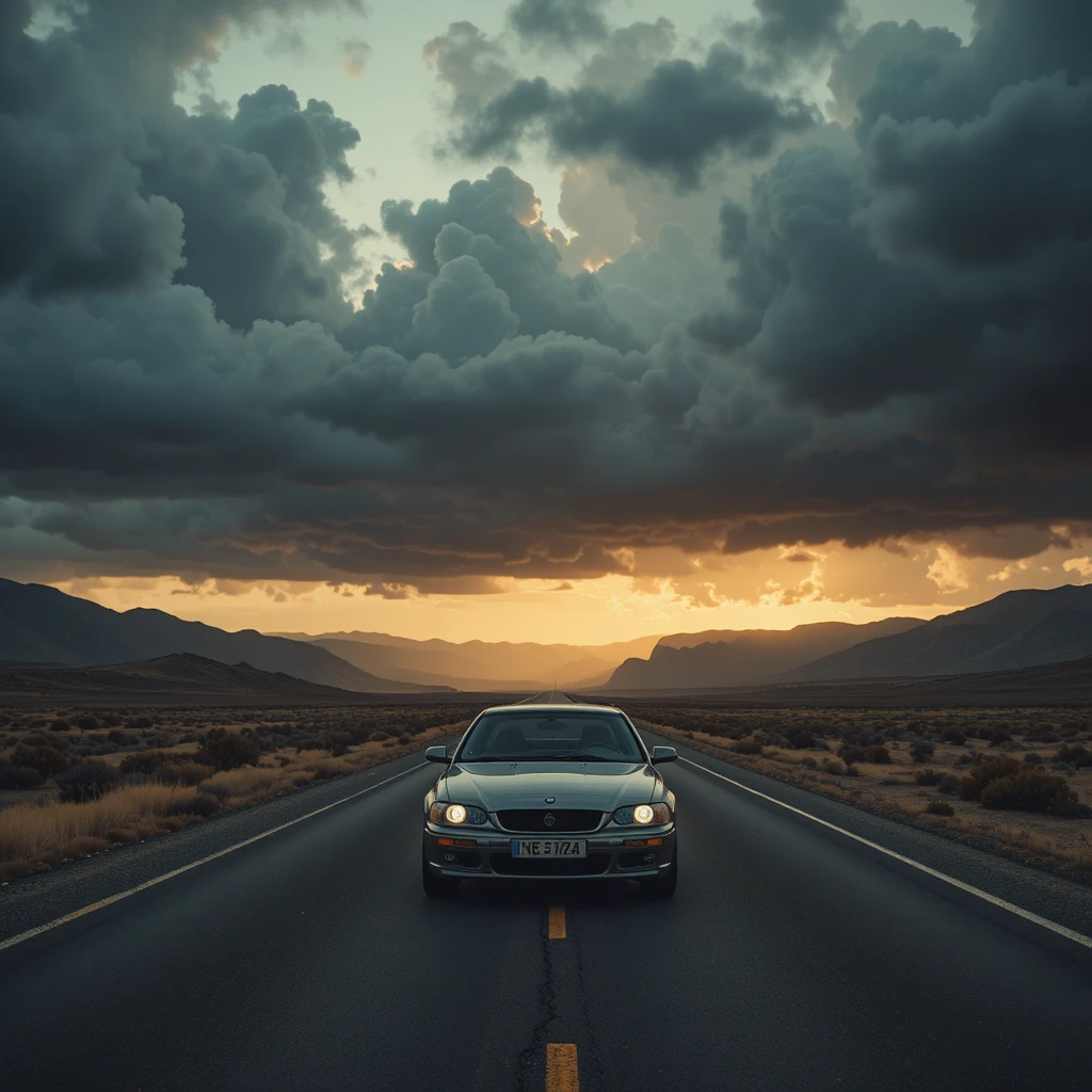Carro solitário em uma rodovia deserta sob nuvens de tempestade dramáticas