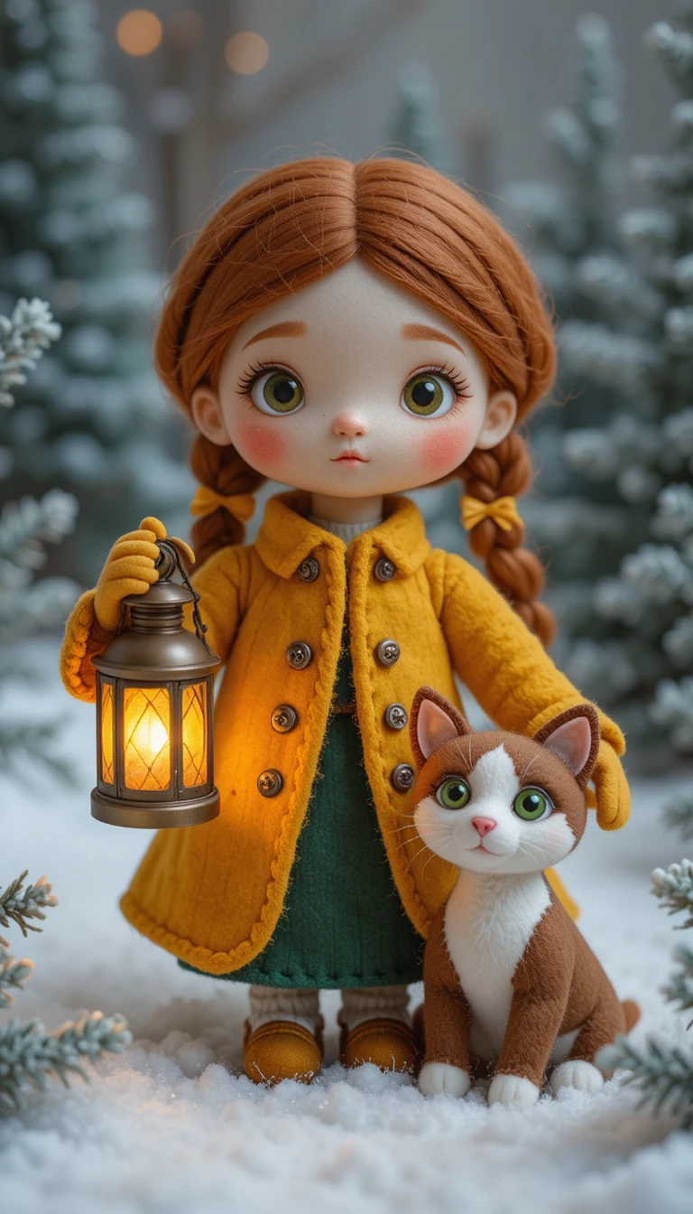 Poupée en feutrine avec lanterne dans un paysage d’hiver enneigé
