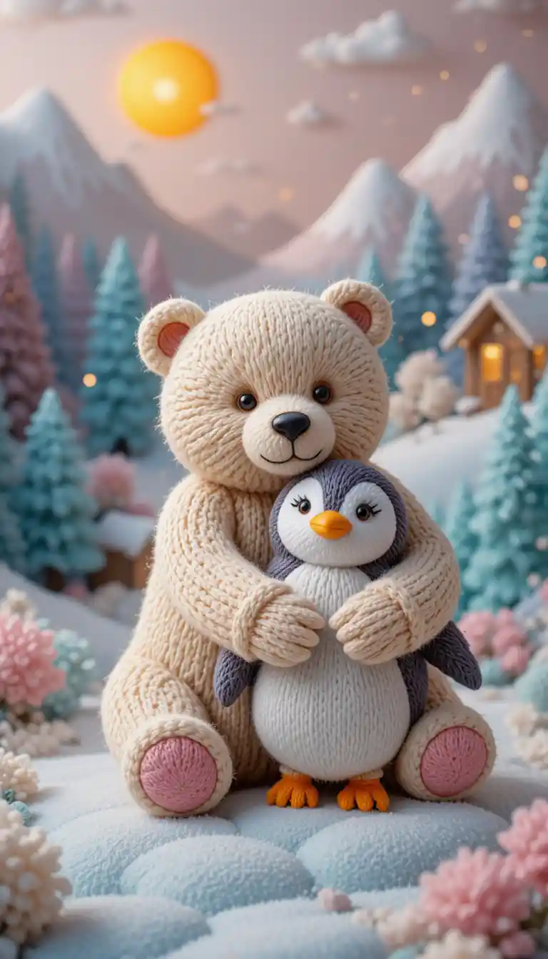 Adorable ours polaire 3D serrant un manchot dans une scène d’hiver
