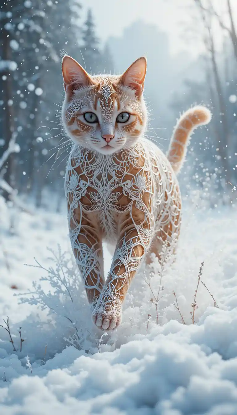 Gatto color albicocca simile al pizzo che sfreccia nella neve profonda che cade