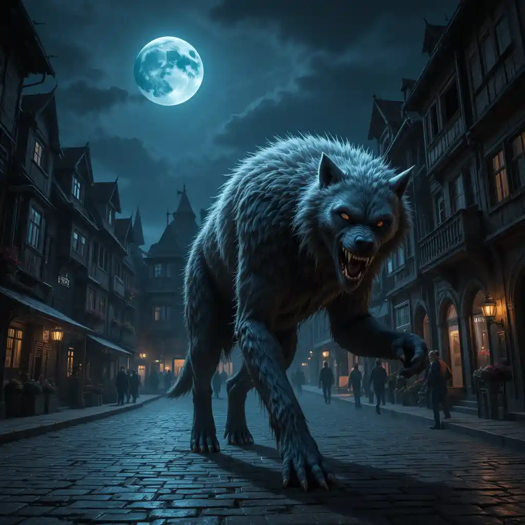 Massive Werewolf Stalking A Medieval Village Plaza At Night
