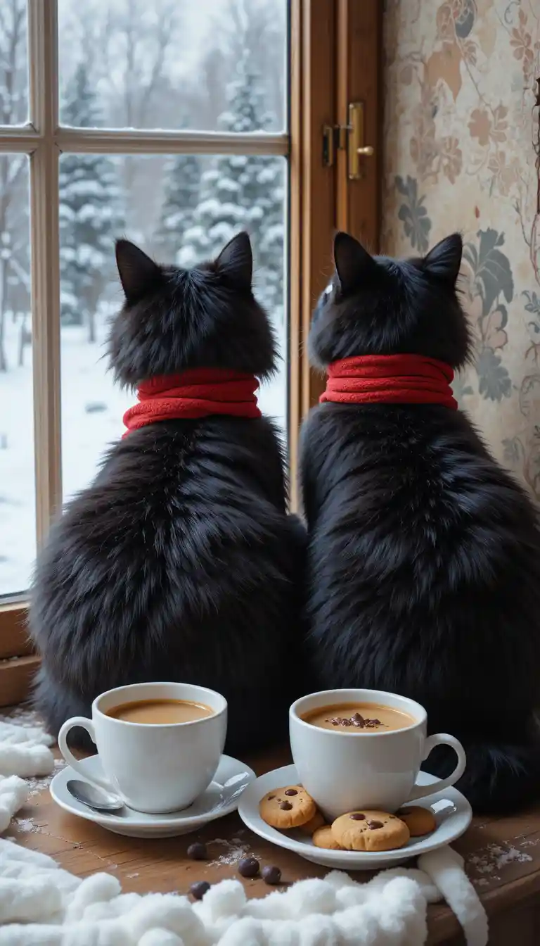 Dois gatos pretos com lenços vermelhos na janela de inverno