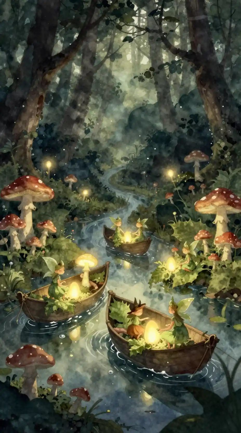 Sprites Celebrate A Glowing Mushroom Harvest In Enchanted Forest