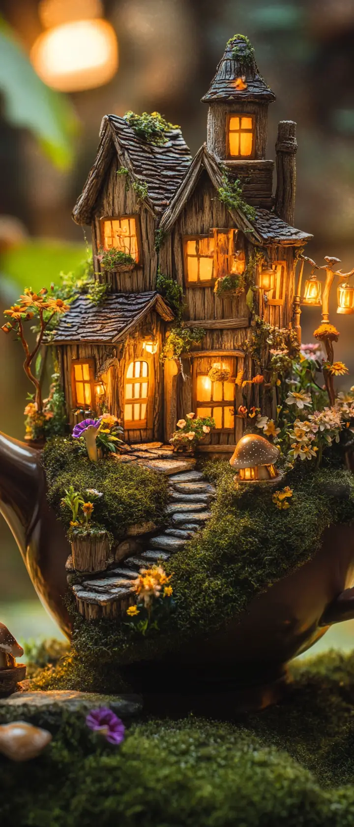 Winziges Fantasy-Dorf, versteckt in einer leuchtenden Teekanne