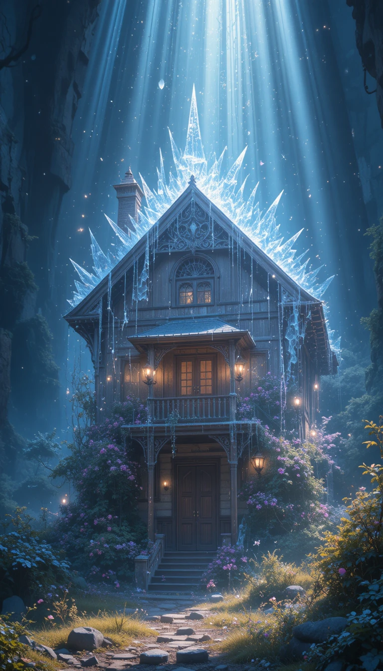 Kristalline Lichtstrahlen umgeben ein Balkonhaus in einer Fantasiewelt