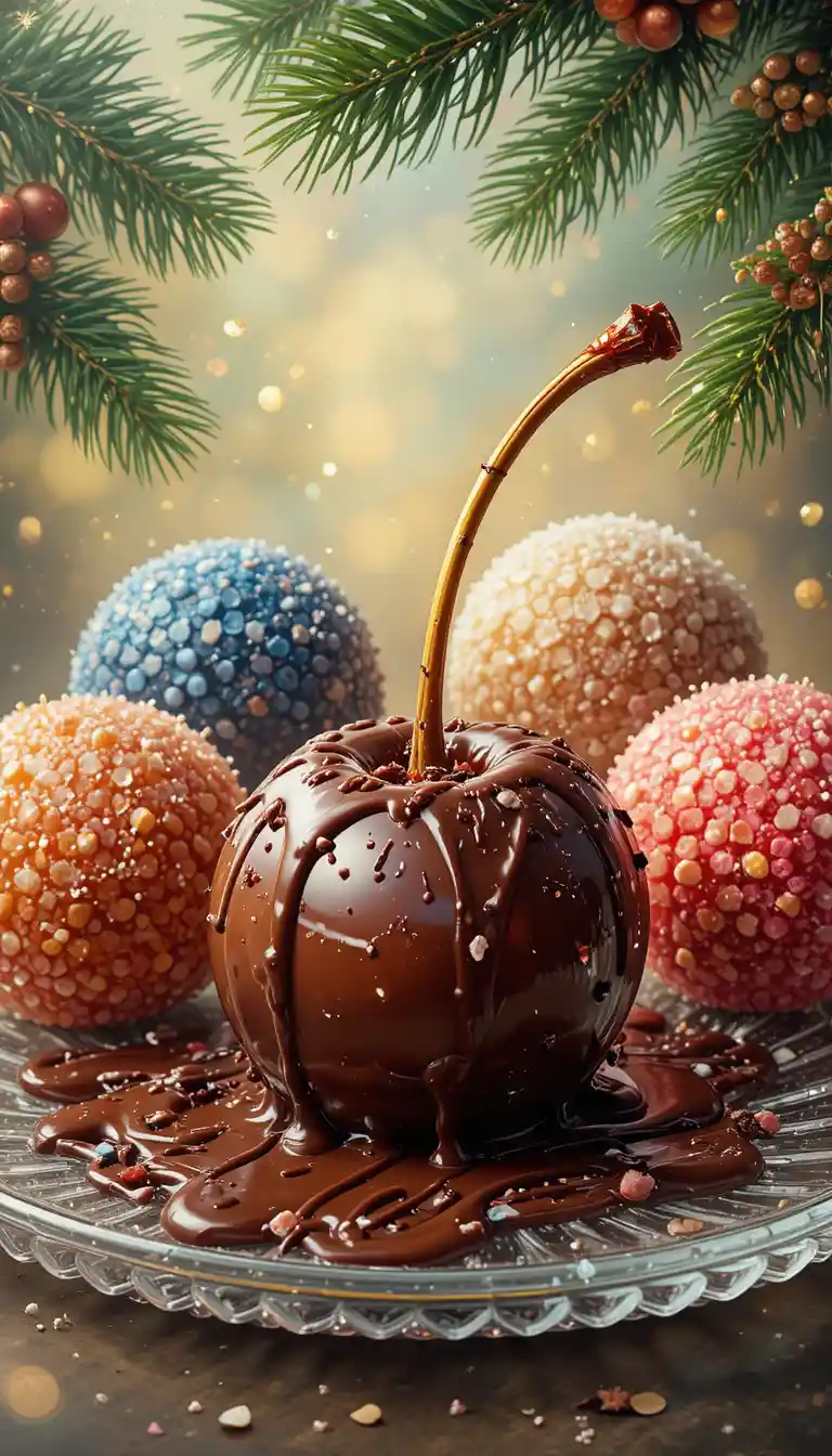 Colorful illustration of chocolate cherry dessert and fir branches