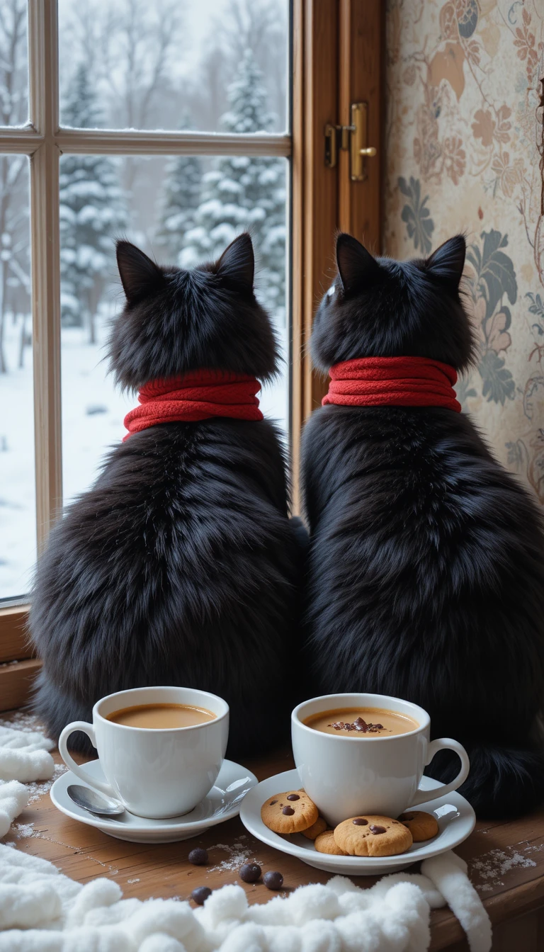 Dos gatos negros con bufandas rojas en una ventana de invierno