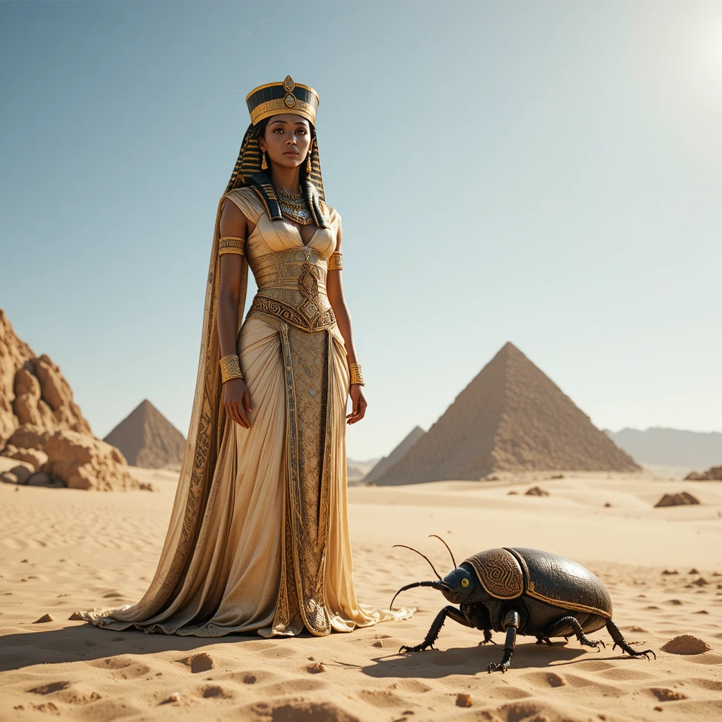 Retrato cinematográfico de una mujer del antiguo Egipto en el desierto