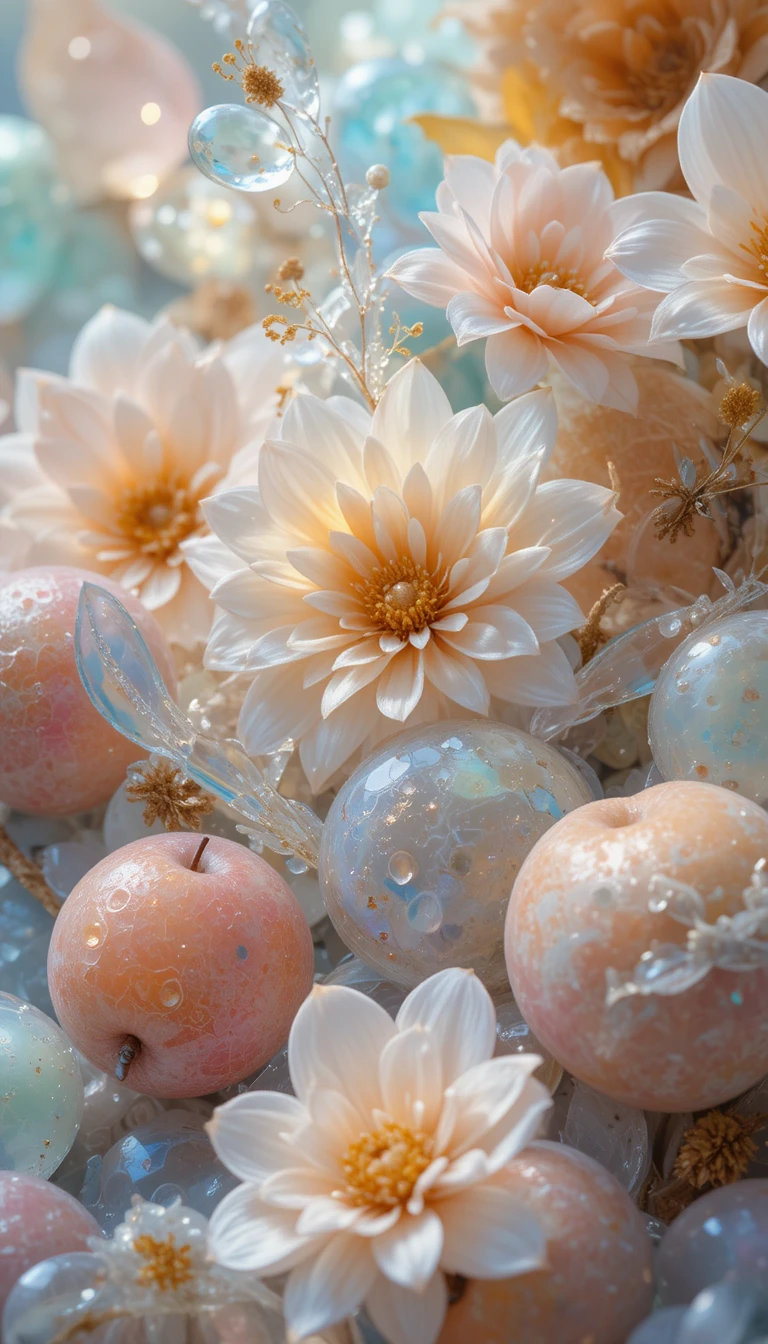Luminous still life of fruit with glowing transparent stones