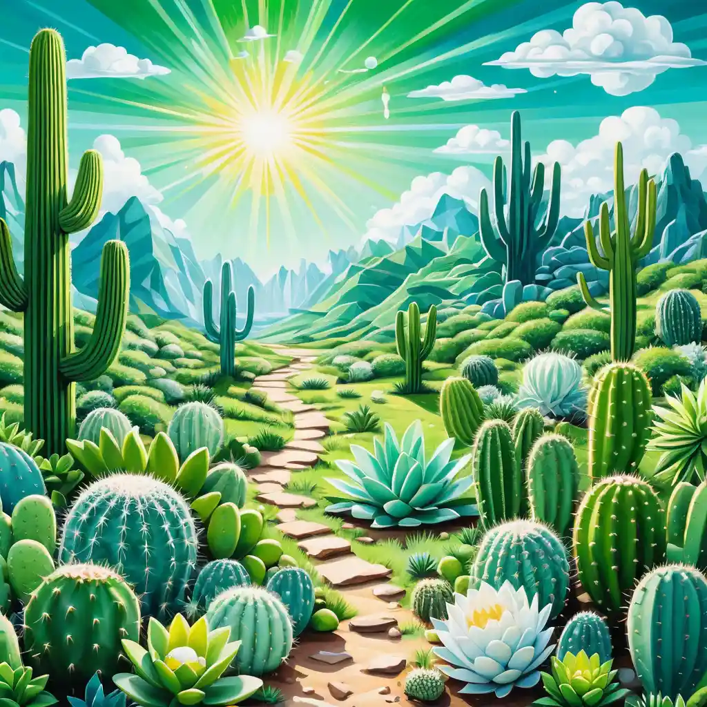 Prato surreale con cactus bianchi sotto la morbida luce estiva