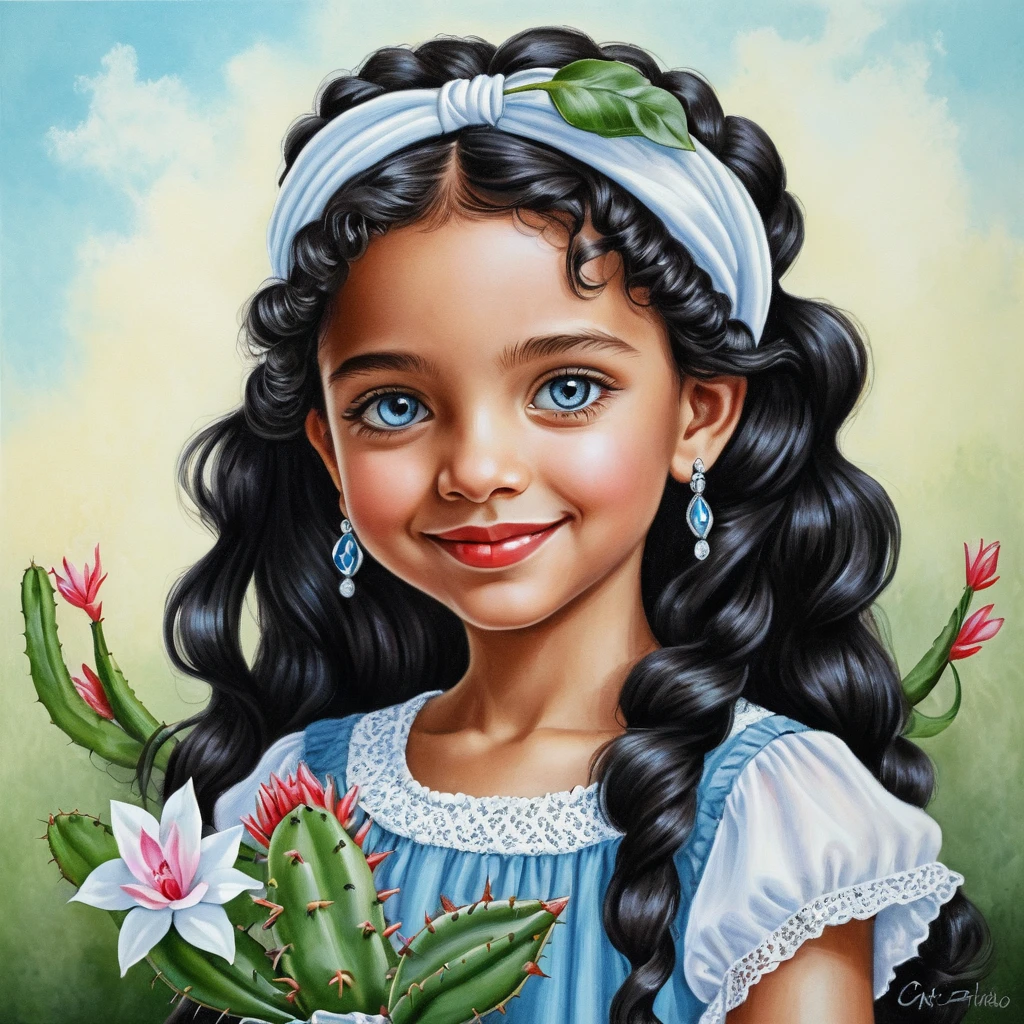 Smiling girl with cactus in a light green ruffled blouse