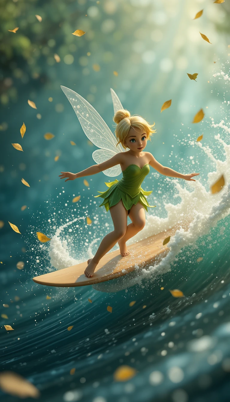 Fairy girl surfing a gentle glowing wind through leaves