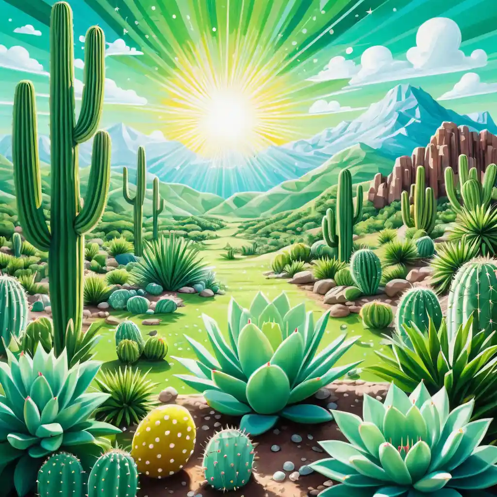 Surreal summer meadow with white cacti and sunlight beams