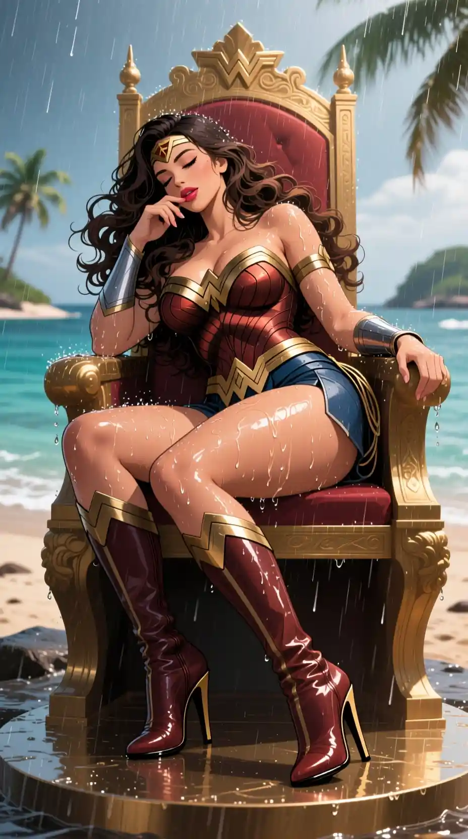 Fantasy woman resting on a throne in warm rain