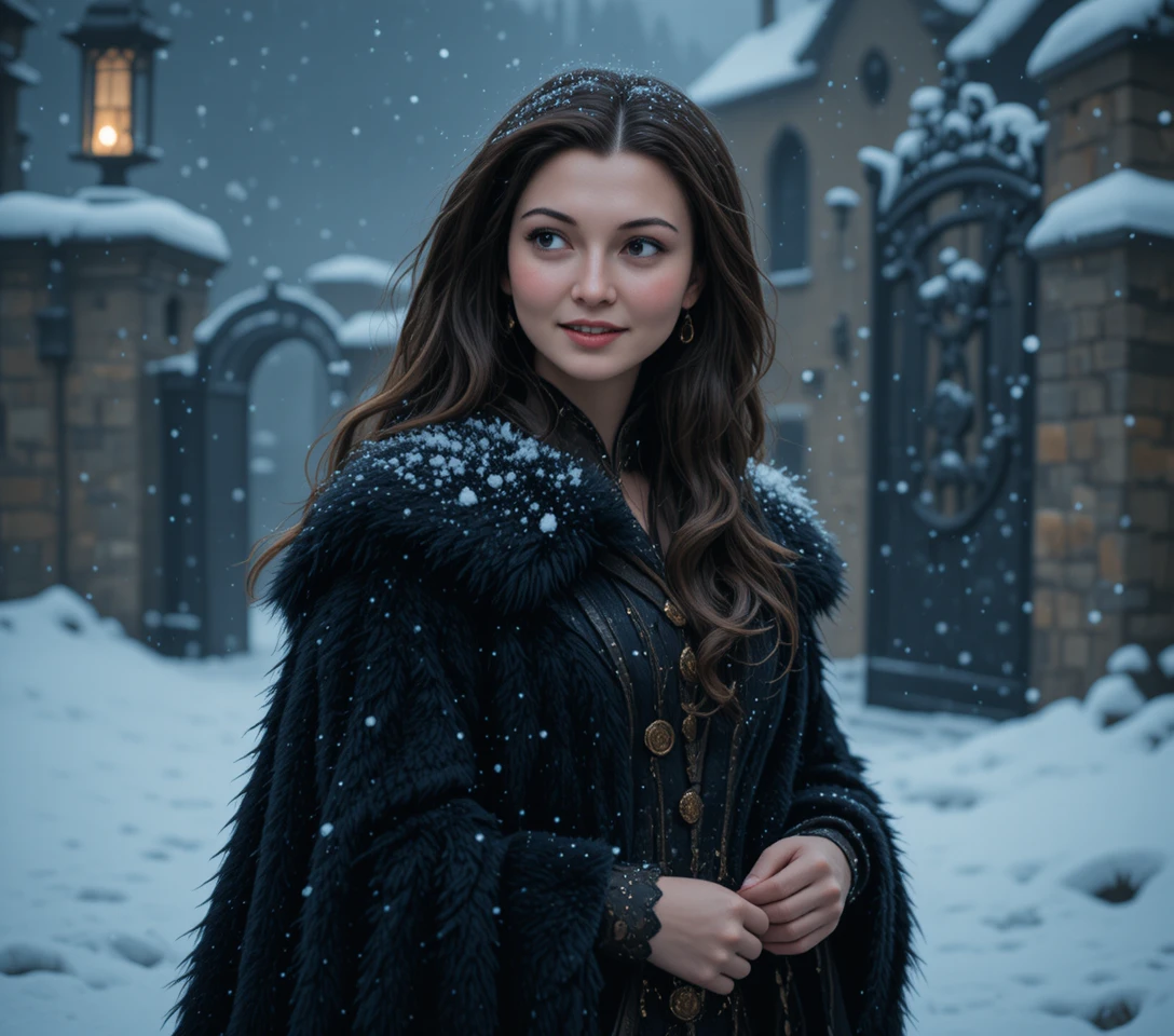Woman in black fur coat in snowy medieval courtyard at night