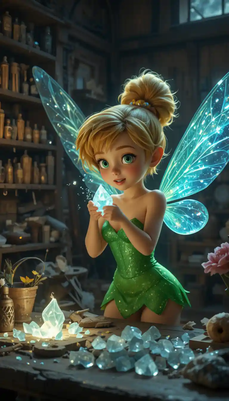 Fée fixant des cristaux lumineux à ses ailes dans son atelier