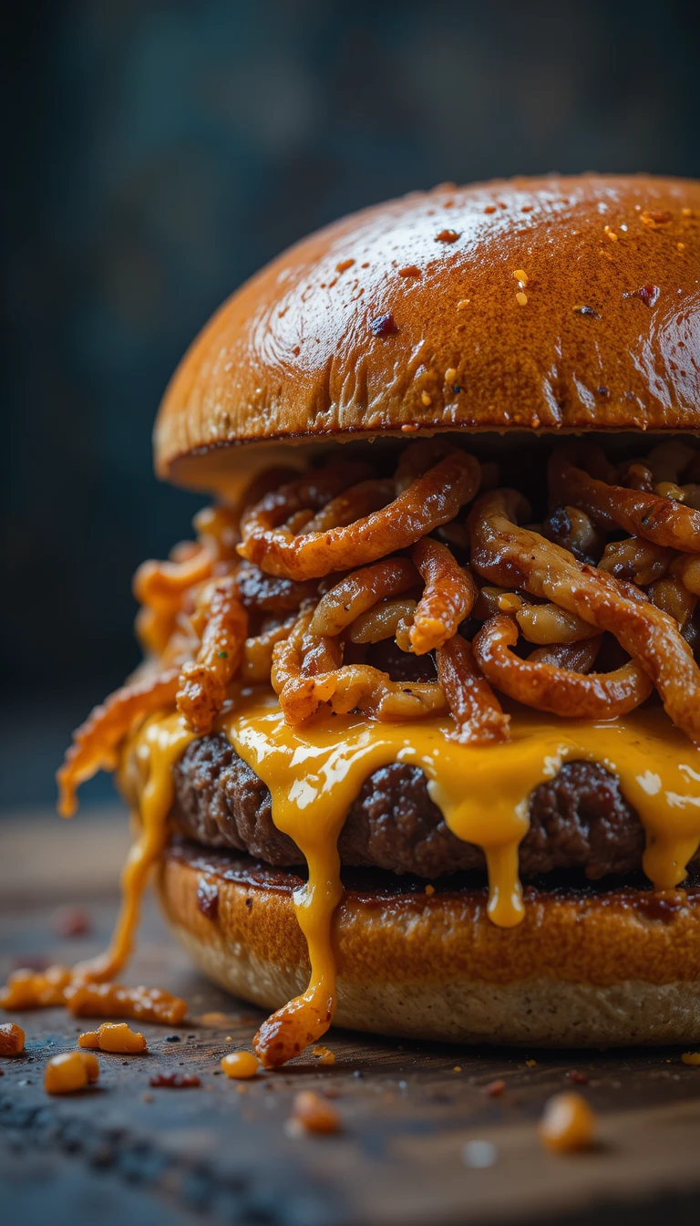 とろけるチーズとオニオンのビーフバーガーのクローズアップ