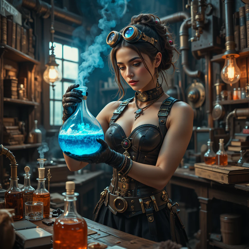 Steampunk alchemist woman in a Victorian workshop laboratory