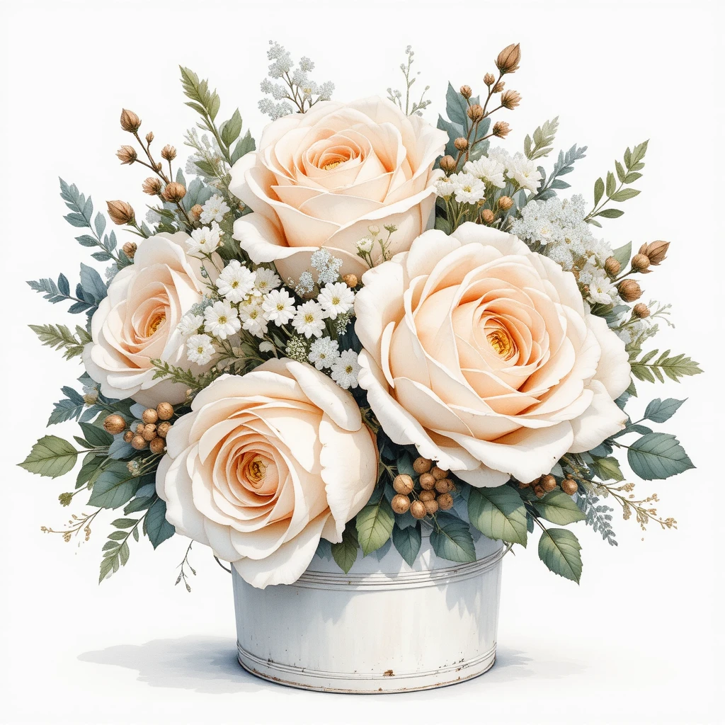 Aquarell-Nahaufnahme eines weißen Rosenstraußes in einer Box