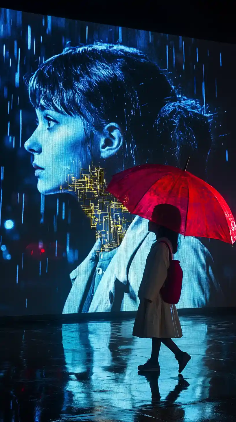 Girl with red umbrella before futuristic digital woman projection