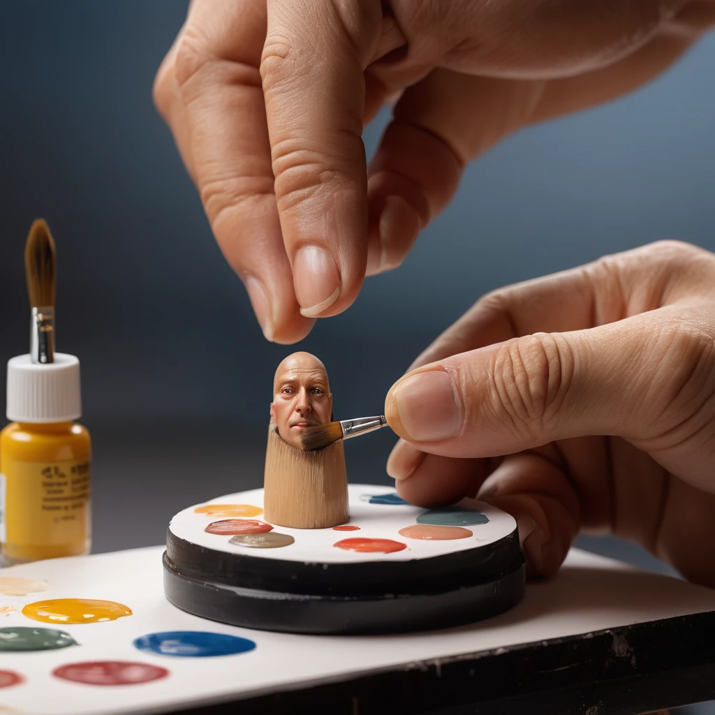 Winziger Künstler malt ein Porträt auf einen riesigen Fingernagel
