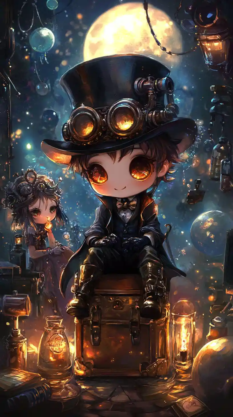 Chibi boy in a steampunk world under a glowing moon