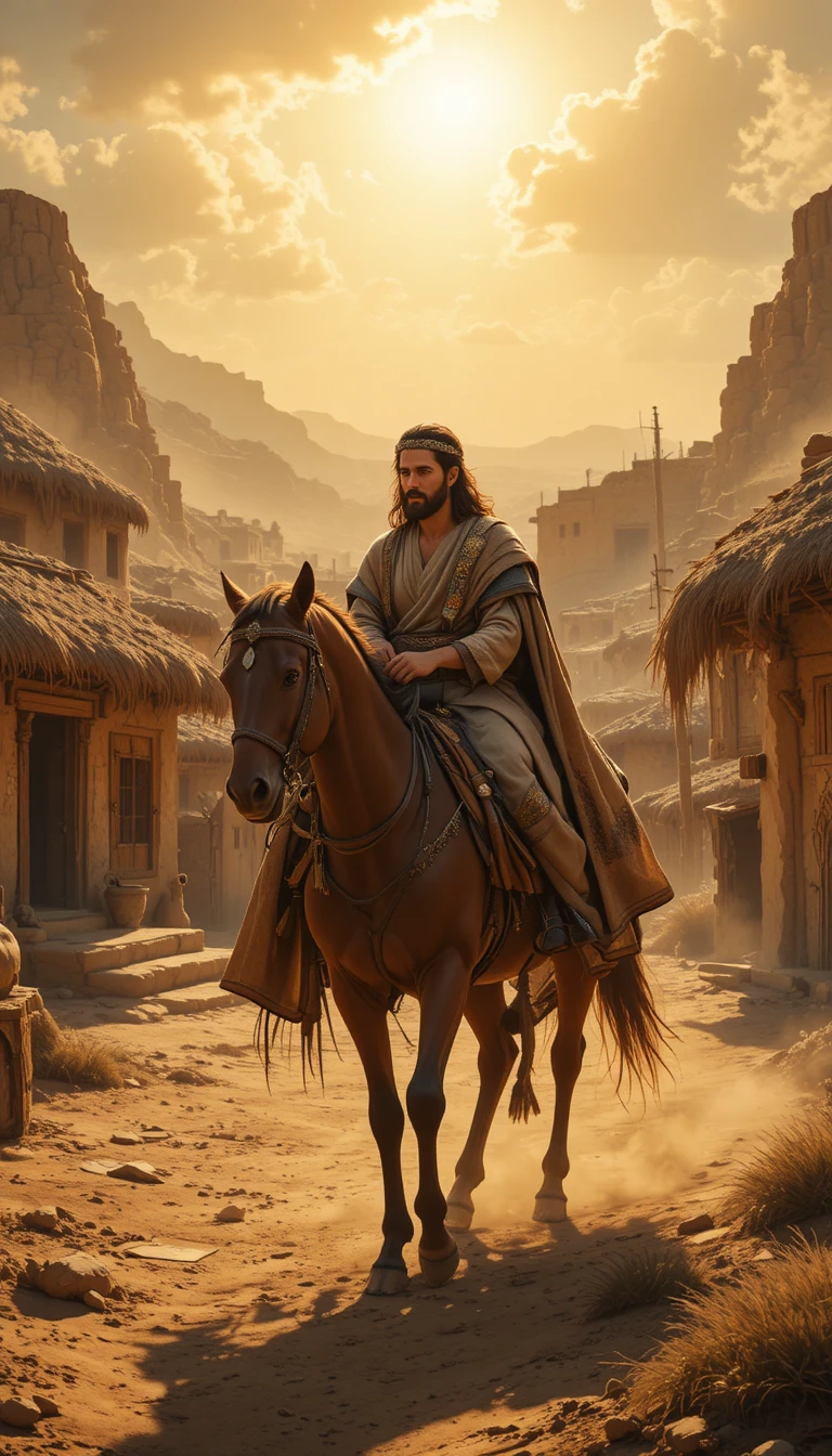 Rei sábio cavalgando por uma antiga vila no deserto
