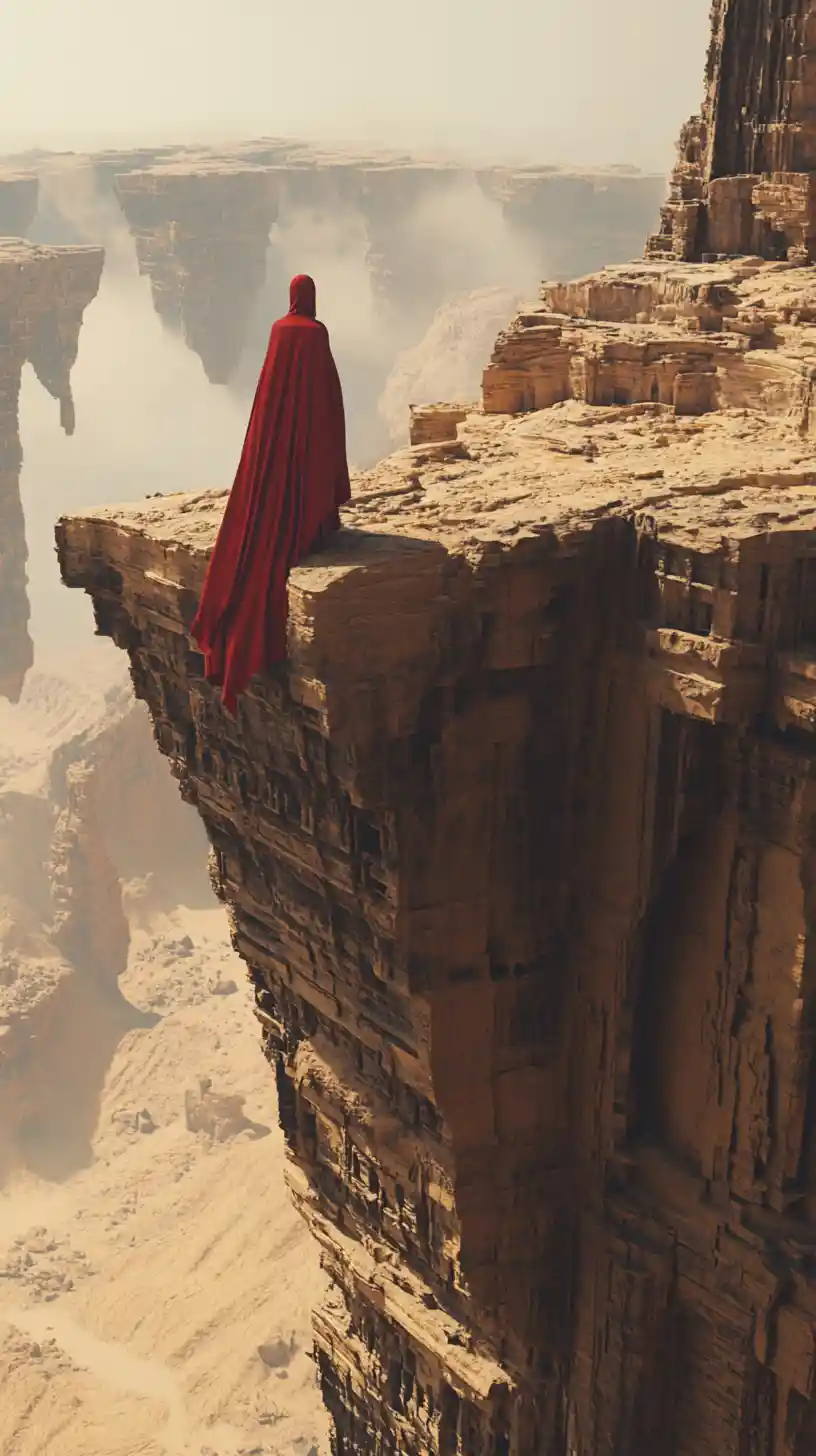 Woman in red robe on ancient cliff facing alien structures
