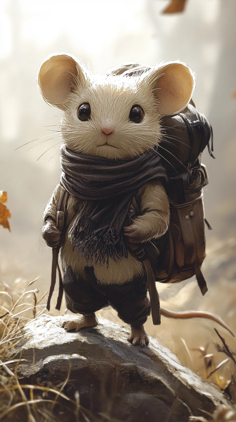 Rato aventureiro com mochila escalando um penhasco rochoso