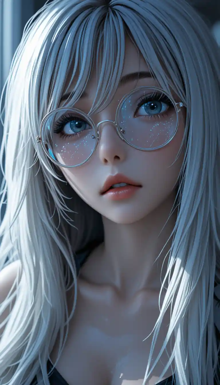 Primer plano de chica de anime con gafas redondas plateadas y pelo blanco