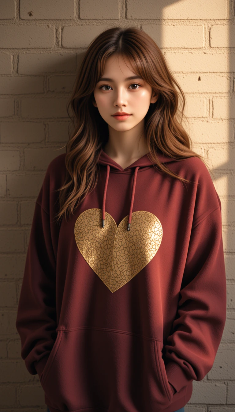 Young woman in maroon hoodie by sunlit beige wall