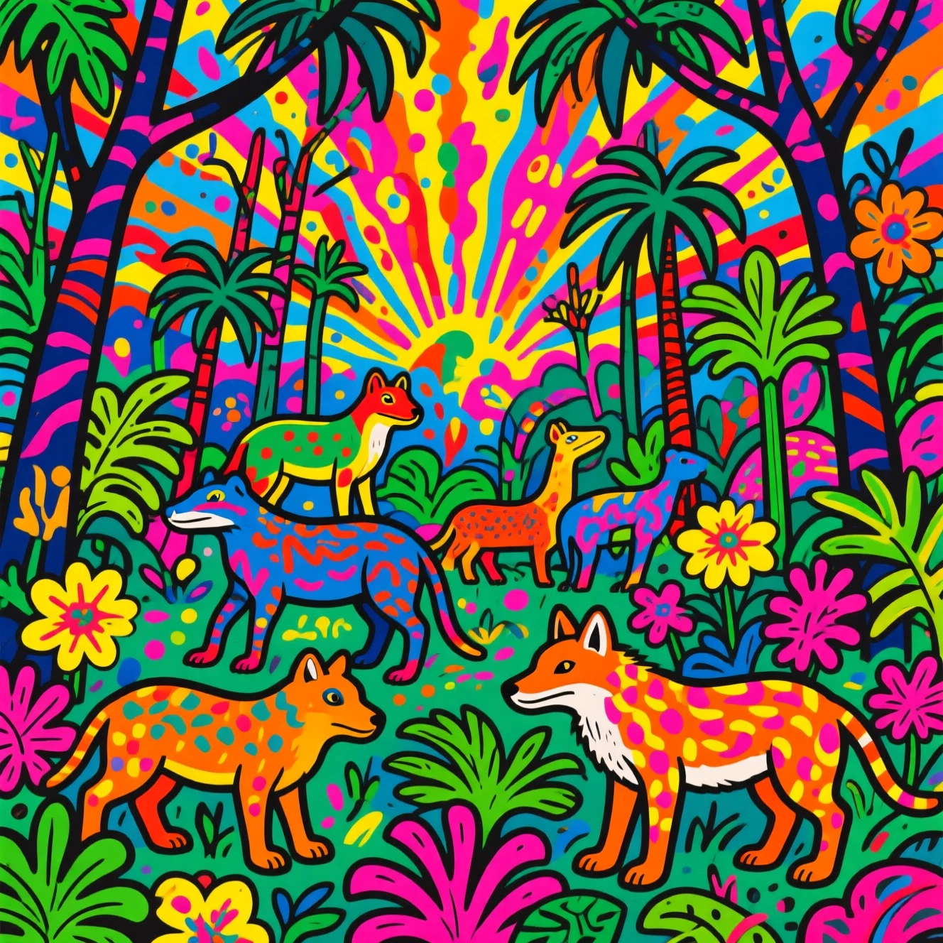 Jungle pop art vibrante remplie d’animaux fantastiques