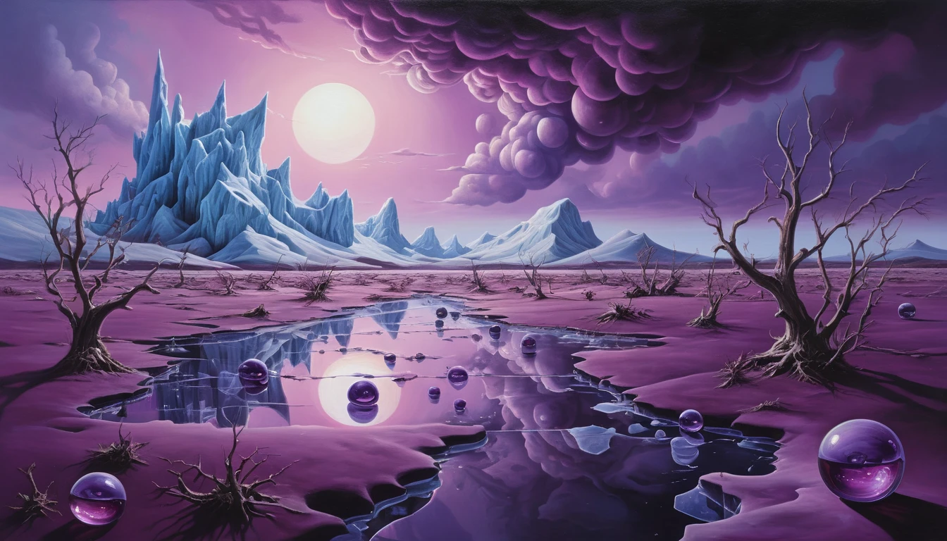 Surreal Frozen Landscape With Reflective Glass Orbs At Dusk
