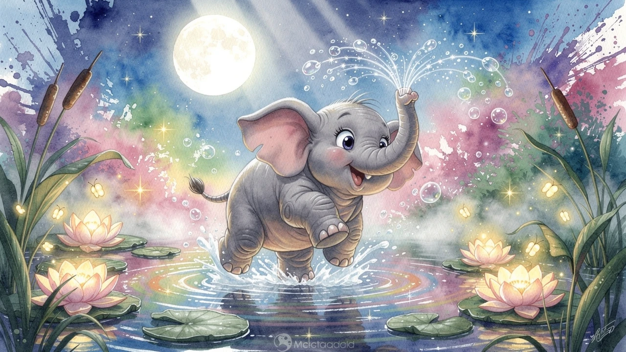 Adorável filhote de elefante brincando em um lago na floresta ao luar