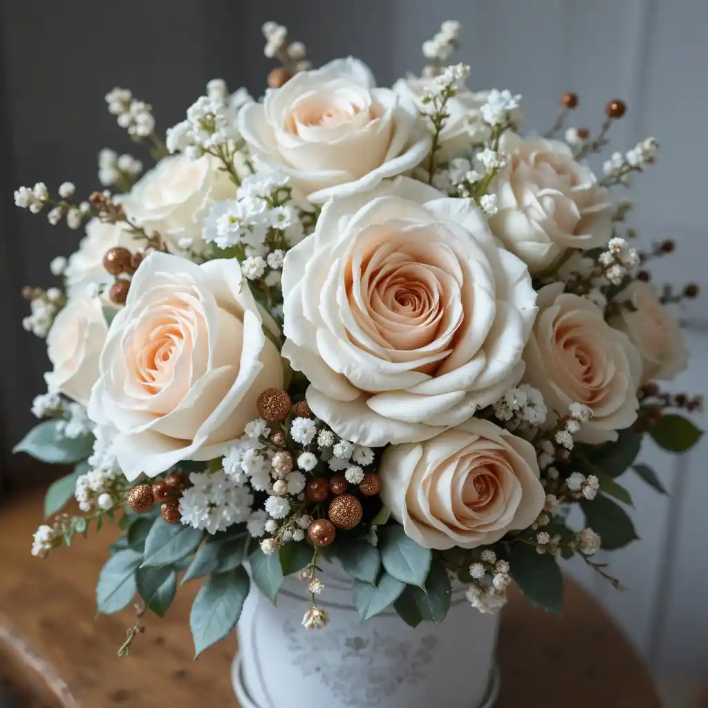 Elegante buquê de rosas brancas em caixa branca decorativa