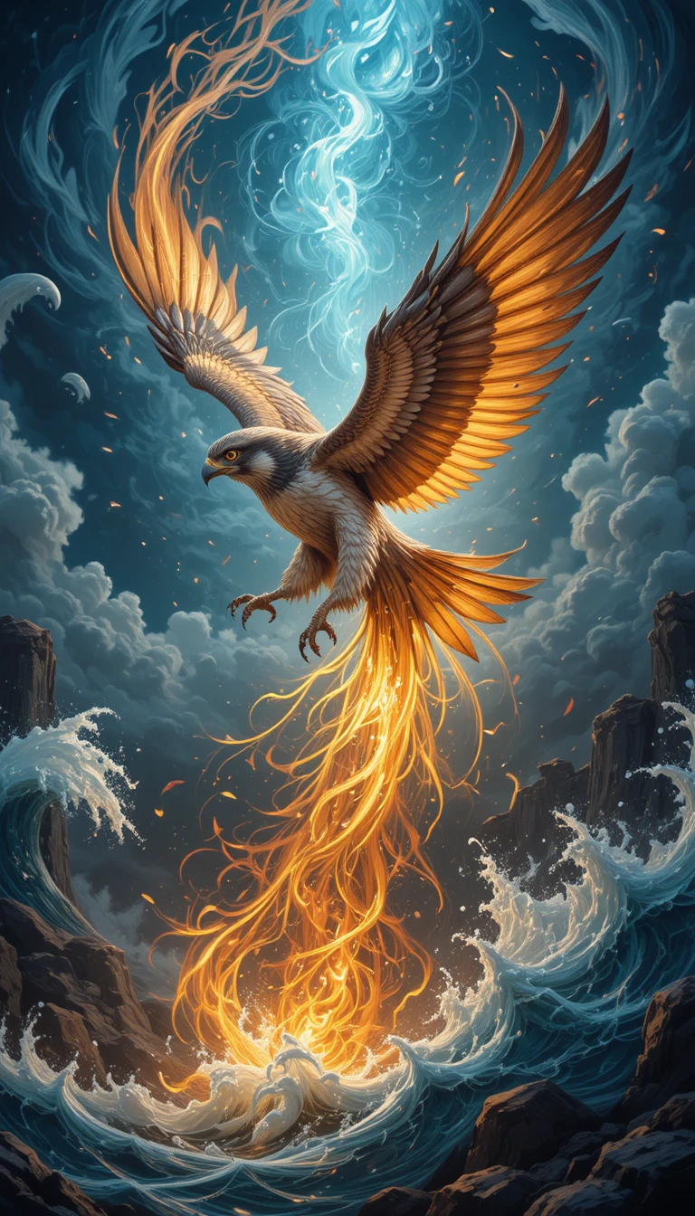 Mystical falcon spirit soaring among elemental forces